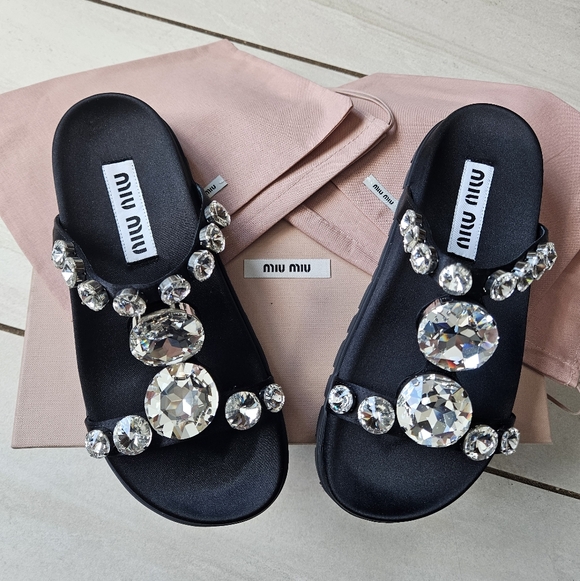 Miu Miu Shoes - NWT $850 Miu Miu Crystal Black Satin Flat Sandals [Size 36]